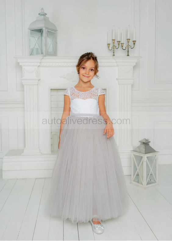 Cap Sleeves Ivory Lace Gray Tulle Flower Girl Dress